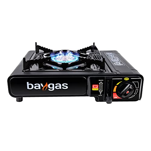 Baygas Kompakter Outdoor Gaskocher, 1-Flammig, 2,500 Watt, mit Überhitzungsschutz und Tragekoffer, Schwarz – Vielseitiger Campingkocher für Butan-Gaskartuschen, Einheitsgröße