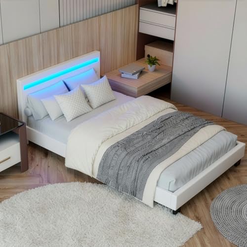 Juskys Polsterbett 120x200 cm – Bett Paris mit LED Beleuchtung, Lattenrost & Kopfteil, modernes Doppelbett aus Kunstleder & Holz – Weiß