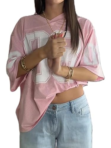 SANSIWU Shirts für Damen, Y2k, übergroße Zahlen-Grafik, V-Ausschnitt, kurzärmelig, Trikot-T-Shirt, Vintage, 90er-Jahre-Streetwear, F-pink, XL