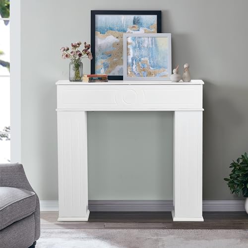 Kaminkonsole Weiss Mit Stauraum, Kaminschrank Schmal, Kaminumrandung Deko Holz, Kaminrahmen Deko, Regal Mit Geheimfach, Lackierter Dreitüriger Kaminattrappe Schrank Für Wohnzimmer, 107x100cm (Weiß)