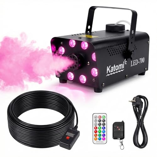 Katomi Nebelmaschine 500W mit 8 RGB LEDs & Lichteffekten, Mini Fog Machine mit 3m Kabel-Fußschalter & 2 Funkfernbedienungen, Automatik Rauchmaschine für Halloween, Party, DJ, Bühne & Hochzeit