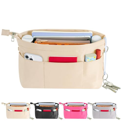 HyFanStr Handtaschen Organizer Nylon, Taschenorganizer Tasche in Tasche Organizer Innentaschen für Handtaschen mit Schlüsselkette,Beige,Mittel