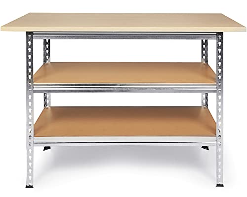 Ondis24 Werkbank Uwe 120cm Metallregal und Werktisch mit höhenverstellbaren Einlegeböden Packtisch verzinkt 92cm Arbeitshöhe mit Buchenarbeitsplatte (Melamin)
