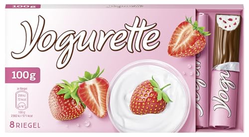 Yogurette Erdbeere Riegel – Fruchtig-frischer Geschmack von Magermilchjoghurt, Erdbeeren & zarter Vollmilchschokolade – Snack für zwischendurch – 1 Packung mit 8 einzeln verpackten Riegeln, 100 g