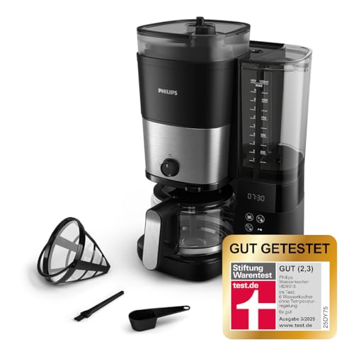 Philips All-in-1 Filterkaffeemaschine - integriertes Kegelmahlwerk für frisch gemahlenen Kaffee - Duo-Bohnenbehälter, 1,25-L-Glaskanne, individuelle Einstellung der Intensität (HD7900/50)