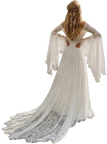 Damen Boho Hochzeitskleider für Braut mit Langarm Übergröße Spitze Strand Brautkleider Bohemian Hochzeitskleider, elfenbeinfarben, 36