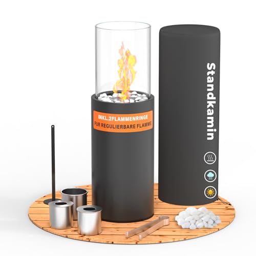 2 IN 1 Windlichtsäule 81CM Tischfeuer Indoor Standkamin Großer Kerzenständer Rund Windlicht Glas Feuersäule Outdoor mit Dekosteinen und Regenschutz für Garten, Balkon, Wohnzimmer (Schwarz)