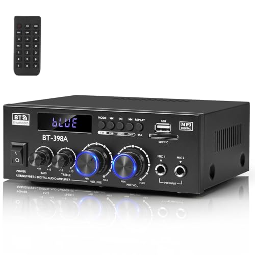 Romicta HiFi Stereo Verstärker, 450Wx2, 2-Kanal Mini Bluetooth Verstärker mit w/UKW-Radio, USB/SD, optischen & koaxialen Eingängen – kompatibel mit Passivlautsprechern & Aktiver Subwoofer