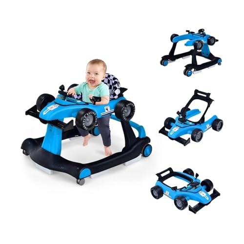 FANTASK 4 in 1 Lauflernhilfe, Lauflernwagen klappbar mit einstellbarer Höhe & Geschwindigkeit, Baby Walker Autoförmig mit Musikbox, Licht & Rädern (Blau)