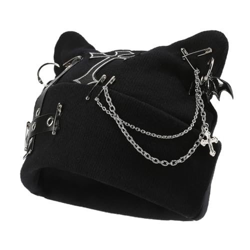 Muorruo Goth Cat Beanie, Goth Hut Zubehör Punk Cat Ear Beanie Hut für Frauen, Y2k Grunge Gothic Beanies Strickmütze Streetwear, Mütze Damen mit Kette, Für Festivals, Streetwear