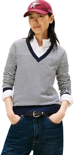 Tommy Hilfiger Damen Pullover Jersey V-Neck Strickpullover, Mehrfarbig (Bretton Stripe Dark Night Navy), M