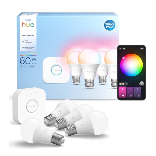 Philips Hue Essential Starter-Set: Bridge + 4 Essential E27 Smart Leuchtmittel, White und Color Ambiance, 2200-6500K, dimmbar, funktioniert mit Alexa, Google Assistant, Samsung SmartThings, Apple Home