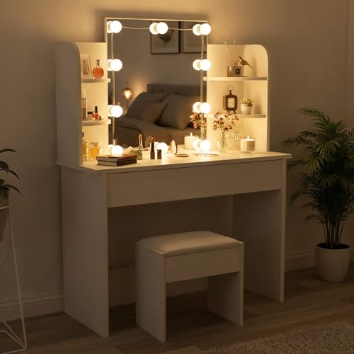 Juskys Schminktisch mit Beleuchtung und Spiegel, Vanity Table, Schublade & 4 Ablagefächern - Holz - Weiß - Kosmetiktisch Frisiertisch