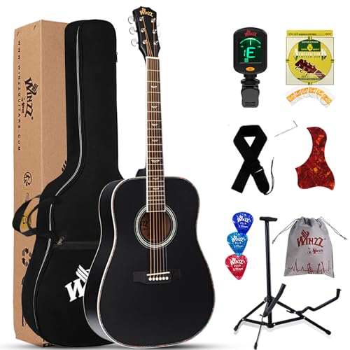 Winzz Schwarz Akustikgitarren 4/4, Anfänger Gitarren 41 Zoll mit Gitarrentkoffer, Stimmgerät, Gurt, Plektren, Extra Saite und Gitarrenständer