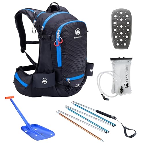TerraWest Core Lawinen-Set, Ski-Rucksack inklusive Recco & abnehmbarem Rückenprotektor, Trinkblase, Core Plus Schaufel, Core 240 cm Schnellverschluss-Sonde, Backcountry Skifahren, Snowboarden