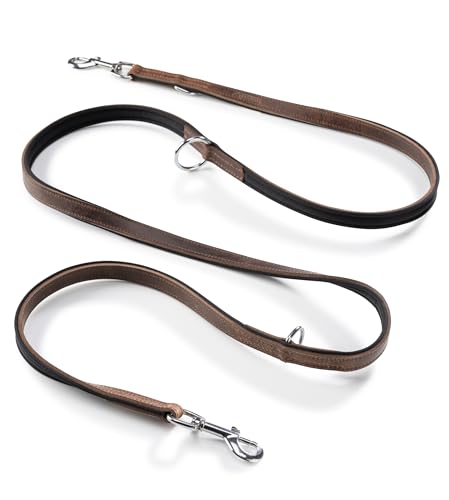 Jack & Russell Premium Hundeleine 2,0m Leder - Hunde Führleine verstellbar - Büffellleder, Neopren & Edelstahl Karabiner, Lederleine braun Tymothy (Braun)