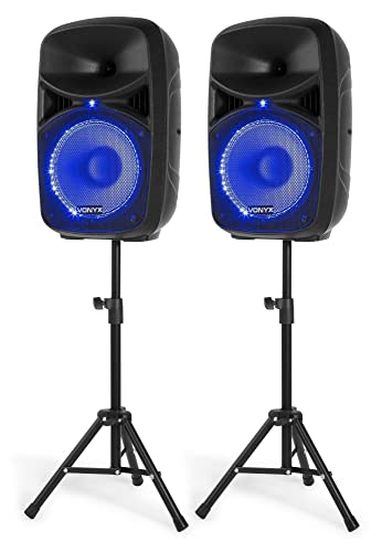 Vonyx VPS102A, Partyboxen mit Stativen max. 600W, Bluetooth, LED, Mikrofon, PA Lautsprecher Set mit Ständer, 10 Zoll Aktivboxen, USB, SD, MP3, PA Anlage Komplettset, DJ Boxen, Stativ Lautsprecherset