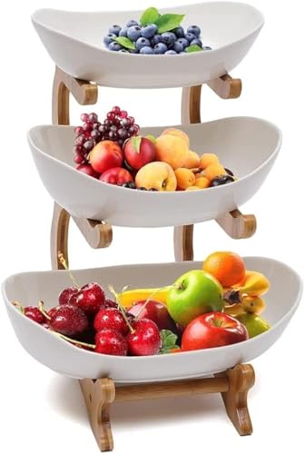 Dreamhigh® Keramik Obst Etagere mit 3 Etagen, Platzsparendes Obstkorb Etagere für die Familie, Stabil Und Ohne zu Zittern, Obstschale Modern mit Natürlichem Bambus Steher, für Gemüse, Obst, Snacks