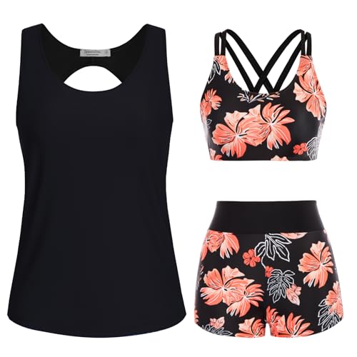 JASAMBAC Bikini Push Up Damen,3-Teiliger Tankini Damen Bauchweg Und High Waist Badeshorts, Einfache Badebekleidung, Sport-Badeanzug, Bademode FüR Schwimmbad, Strand
