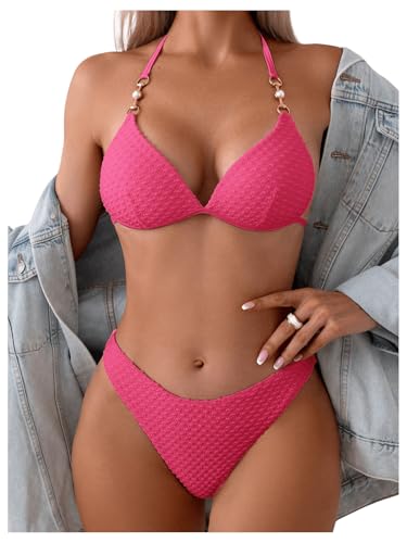 GORGLITTER Bikini Damen Set Mit Ketten Neckholder Bikini Set Triangel Bikini Sexy Zweiteiliger Badeanzug Mit Perlen Bademode Heißes Pink S