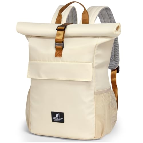 MOCLOLY Rolltop Rucksack Damen - Wasserdicht Rollrucksack - Mit Laptopfach Klein Travel Backpack, Elegant Reiserucksack für Uni Business Arbeit City Reise - Beige