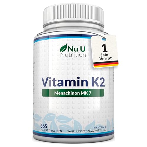 Vitamin K2 MK7 200µg - 365 Vegane Tabletten nicht Kapseln - 12 Monate Vorrat - 200mcg pro Tablette - Vit K2 MK-7 Menaquinon Hochdosiert - Nu U Nutrition