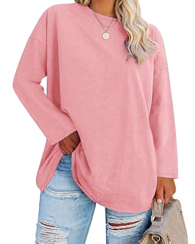 Fisoew Große Größen Langarmshirt Damen Oversize Plus Size T Shirts Rundhalsausschnitt Pullover Basic Tunika Tops Oberteile,Rosa,3XL