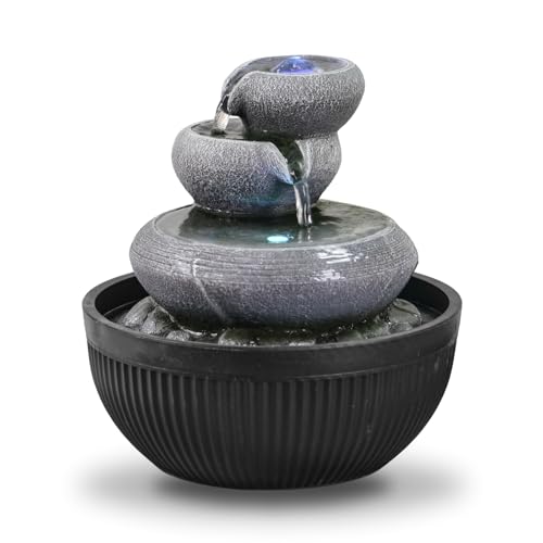 Zimmerbrunnen, Wasserfall, 3 Ebenen, Natursteineffekt, buntes LED-Licht, Innendekoration, Zen und elegant, Tischbrunnen, außergewöhnliche Geschenkidee, H 21 cm - Geelong Zen'Light