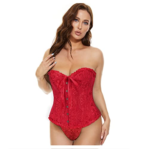 XZQTIVE Damen Bustier Korsett Spitze Up Boned Overbust Bustier Gothic Corsage Dessous Top,Rot,S