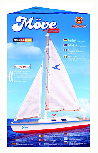 Günther Flugspiele 1806 - Segelboot Möve, ca. 39 x 50 cm, Segeljacht mit einstellbarem Großsegel und Ruderblatt, lackiertem Holzdeck und Speziallackierung, für den Gartenteich, Strand und Meer