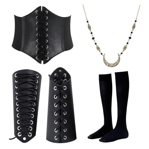 Ourdort Mittelalter Kleidung für Damen Accessoires Set,Mittelalterliche Accessoires Set,Kommt Gürtel, Kniestrümpfen, Armschützern und Halskette,Mittelalter Kostüm Damen für Karneval Halloween.