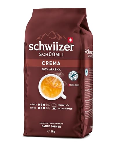 Schwiizer Schüümli Crema, 100% Arabica Kaffeebohnen, aromatisch-vollmundig, ideal für Vollautomaten, Stärke 3/5, mittlere Röstung, Rainforest Alliance, 1kg