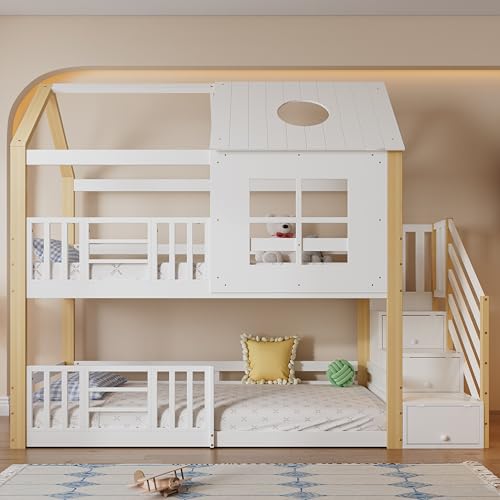 RIAZOS Kinderbett Etagenbett 90 x 200, Hausbett für 2 Kinder, Hochbett mit Lattenrost, Treppe und Rausfallschutz, Baumhaus Bett mit Fenster und Dach, Kiefer+MDF, Ohne Matratze