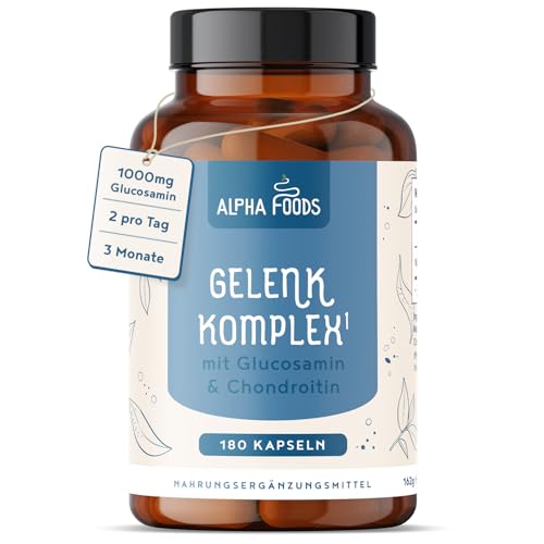 Glucosamin Gelenk-Komplex mit Chondroitin, Vitamin C, Kurkuma & Ingwer | 180 Kapseln | Hochdosiert | Gelenke & Knorpel | Made in Germany | Alpha Foods