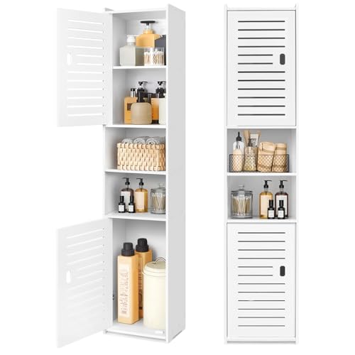 OUDIE Hoher Badezimmer-Aufbewahrungsschrank, freistehender Vitrine, schmaler Aufbewahrungsschrank, Möbel-Organizer für Büro, Wohnzimmer, Küche, Eingangsbereich, Toilettenpapier, Weiß