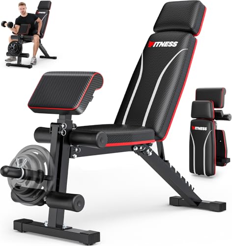Hantelbank verstellbar, klappbare Hantelbank, 363 kg Trainingsbank mit Beinverlängerung, Prediger-Pad und verlängerter Kopfstütze, multifunktionale Fitnessgeräte für zu Hause