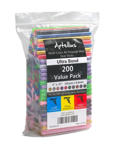 200 Stück Farbige Heißklebepistolenstifte mit Glitzer und Metallic, 10 Farben, Mini-Klebestifte für Heimwerker, Kunst, Handwerk, Reparatur, Bonding in Gold, Schwarz, Gelb, Pink, Rot