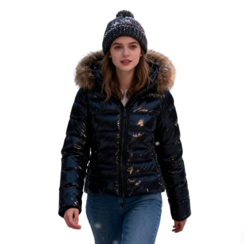 Generisch Damen Winterjacke Kurzmantel Leichte Daunenjacke mit Kapuze Glänzend Schwarz Braun Wintermantel Warme Übergangsjacke Elegante Freizeitmode