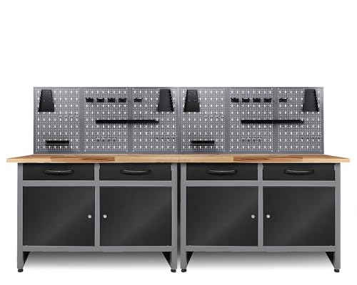 Ondis24 Werkstatt Set Werner 240 cm mit 2 Werkbänken, 6 Lochwänden & 22-teiligem Haken-Set – Massive Werkbank aus Stahl mit Buchenholzplatte, Schubladen & Schrankfächern – Werkstatteinrichtung