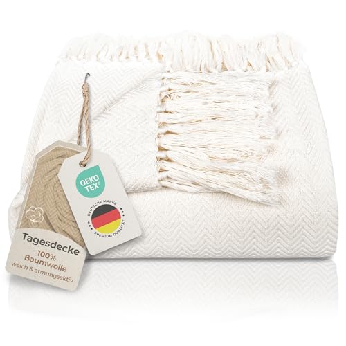 Gräfenstayn Premium Tagesdecke mit Fransen - 100% Baumwolle - 220 x 240 cm XXL - Fischgrätenmuster Sommerdecke - Baumwolldecke als Bett-Überwurf, Couch-Überwurf, Sofa-Decke (Creme)