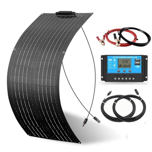 Schwarz 50W Flexibles Solarpanel Kit Set 12V Monokristallines Solarmodul+10A 12V/24V Solarladeregler + Solarkabel Solaranlage Wohnmobil Komplettset 12v für Batterien Häuser Balkon Camping Wohnwagen
