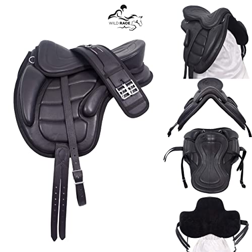 WILD RACE Genuine Leather Freemax Saddle All Purpose Treeless Horse Saddle, Size 12, 13, 14, 15, 16, 16.5, 17, 17.5, 18 Inches (18 Inch, Black)