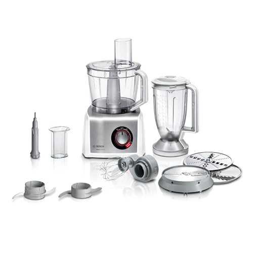 Bosch Kompakt-Küchenmaschine MultiTalent 8, 45 Funktionen, XXL-Rührschüssel 3,9 L, Mixer 1,5 L, Universalmesser, Rührbesen, schneiden und raspeln (fein,grob), 1250 W, weiß/edelstahl, MC812S814