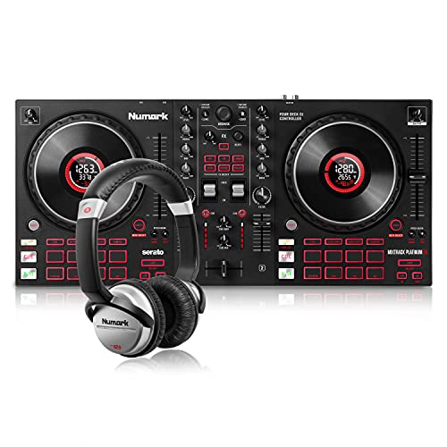 Numark Mixtrack Platinum FX + Numark HF125 – DJ-Controller für Serato DJ mit 4-Deck Kontrolle + professioneller DJ Kopfhörer mit 2m Kabel und 40 mm Lautsprechern
