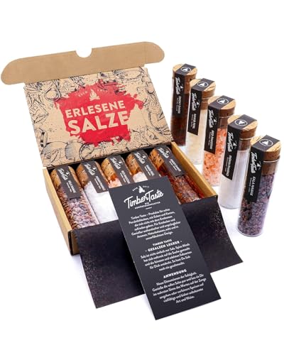 TIMBER TASTE® Gourmet Salz Gewürze Geschenkset - 5 erlesene Salze aus aller Welt - Gewürzmischung für Mann & Frau Geburtstag - Valentinstag Set Erwachsene - Einweihungsgeschenk Salze
