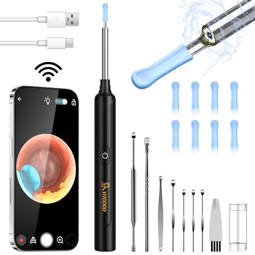 Ohrenschmalz Entferner Otoskop, VITCOCO WiFi Ohrenreiniger Kamera 5MP HD Ohr Kamera IP67 wasserdicht Ohrenspiegel 3.5mm Linse Ohr Endoskop mit 6 LEDs für iPhone, iPad und Android-Smartphones(Schwarz)