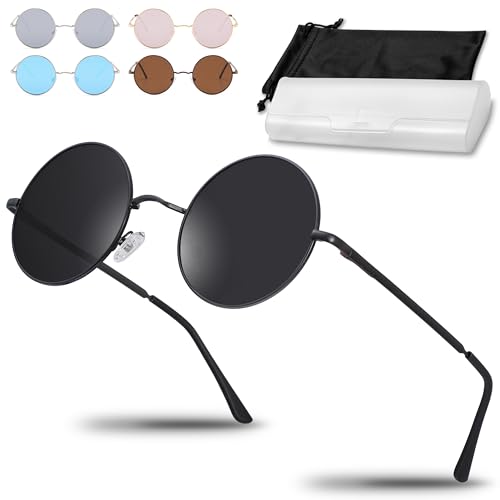 Netrox Runde Sonnenbrille im Retro-Stil mit Metallrahmen + Etui und Microfaserbeutel - UV400-Schutz - Vintage Unisex Herren und Damen - Sonnenbrillen, Gläser verspiegelt, Sunglasses, rund, schwarz