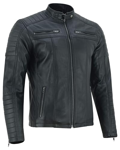 Vance The Leather Company Herren Echtleder Bikerjacke aus 100% Lammleder (as3, alpha, l, regular, regular, Schwarz)
