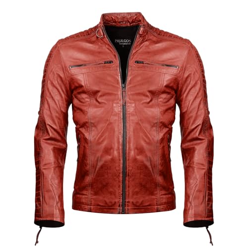 PAULGOS Herren Lederjacke Echtes Leder Jacke Echtleder Übergangsjacke Fashion in 5 Farben Gr. S-7XL Design 1 (as3, alpha, l, regular, regular, Rot)