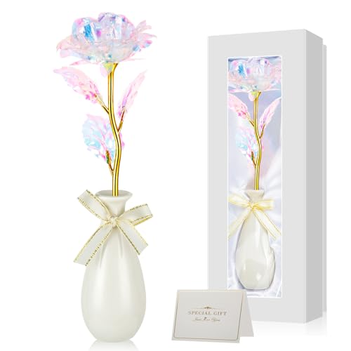 Ruibinlee Ewige Rose Weiß, Geschenk Valentinstag für Sie Mama, Schwiegermutter, Oma, Frau und Freundin Ideen Goldfolie Galaxy Rose Blume mit Vase